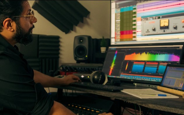 Ranik aan het werk in een opnamestudio met akoestische panelen en Genelec monitoren
